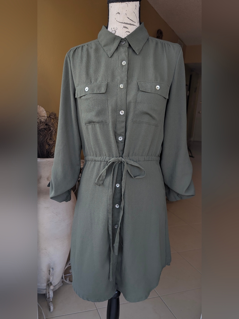 Women's Olive Green Shirt Dress with Tie Waist Size Medium